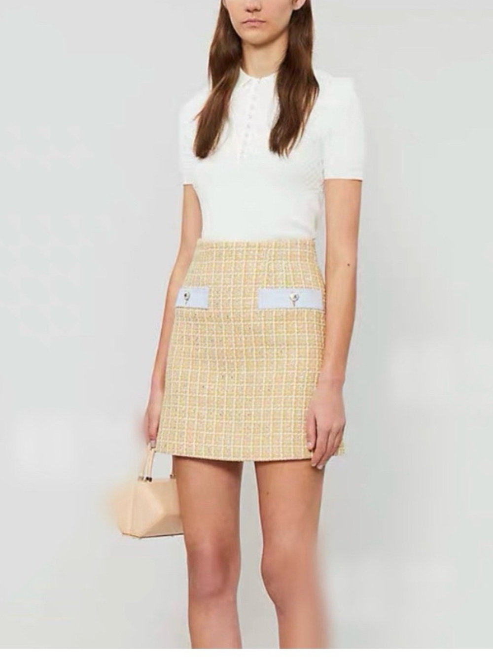 Sandro Yellow Tweed Mini Skirt with Light Blue Pocket Trim-French size 3 (US L)